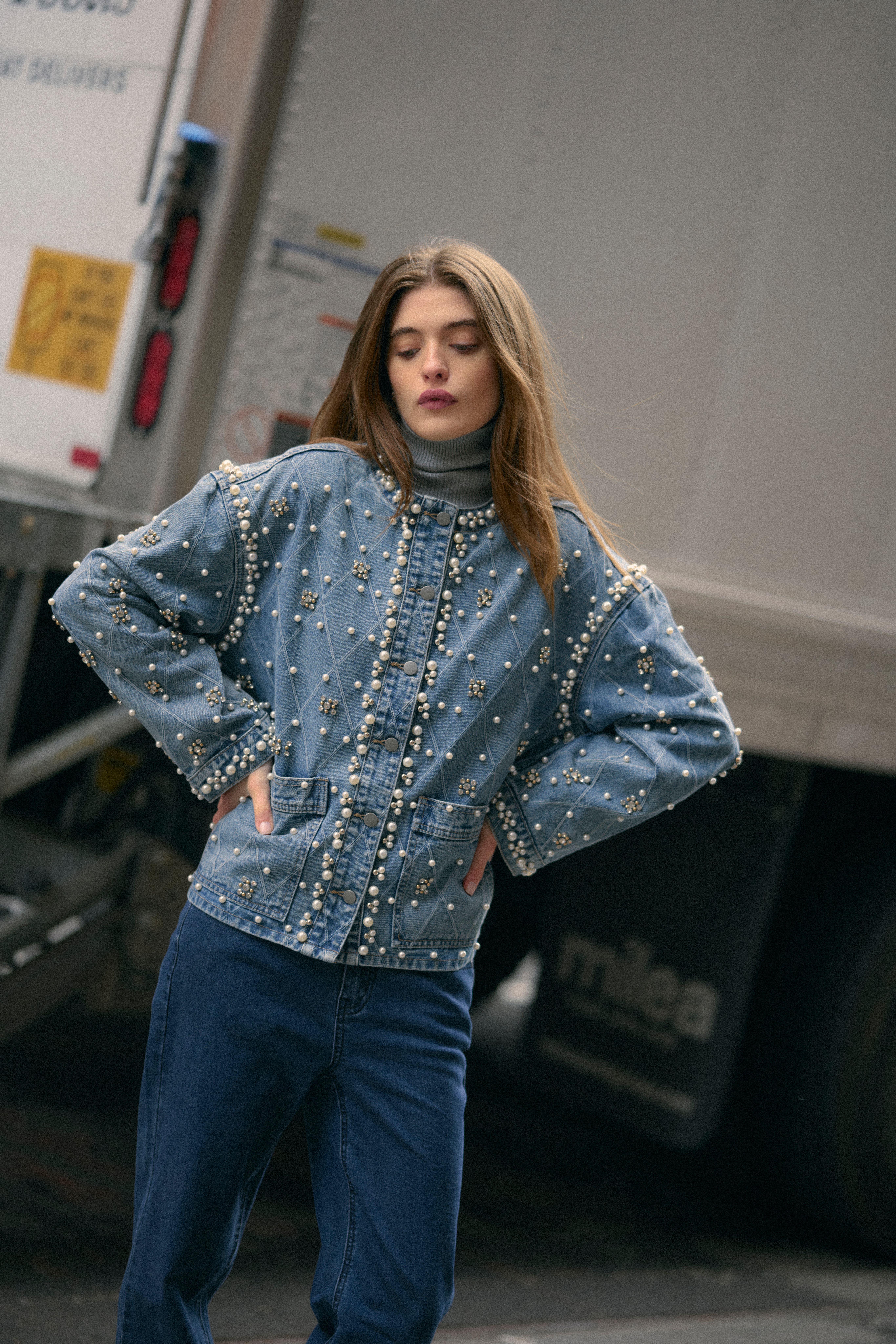 CUalys Denim jack met parels LOCATION NONE 50112279-500027