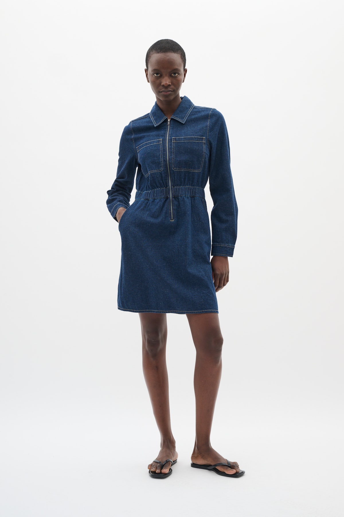 UND3WAY DENIM DRESS Mサイズ Dizzy-Lizzie Miami Midi Dress - Denim With Black Ribbon Trim